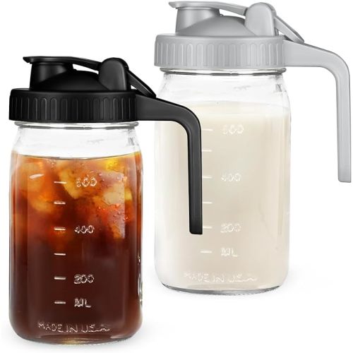 Breast Milk Pitcher Mason Jar - 2Pack Easy Pouring 32oz Airtight Glass Jar with Pour Spout Lid, Classic Wide Mouth Jug Easy to Clean, Ideal for Coffee & Creamer, Iced & Sun Tea, Juices