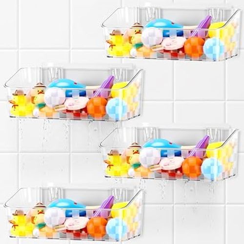 4 Pack Bath Toy Storage Holder, Clear Bath Toy Organizer Large Capacity Bathtub Toy Storage Shower Caddy for Tub Bathroom Kitchen Organizer, Bottom Drainage, No Drilling Installation