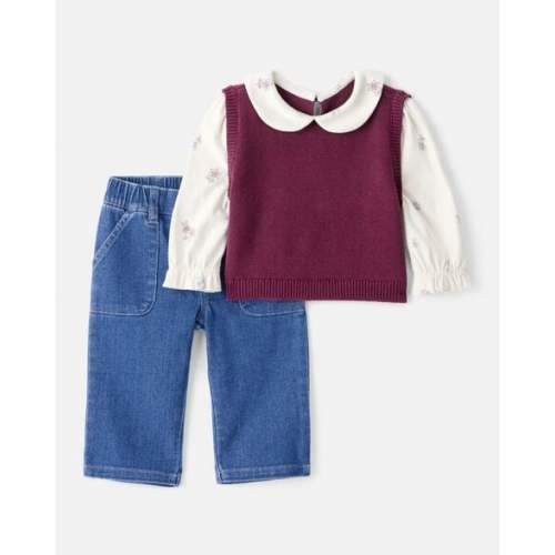Baby Girl 2-Piece Floral Collared Shirt & Pant Set - Maroon/Blue | Carter's