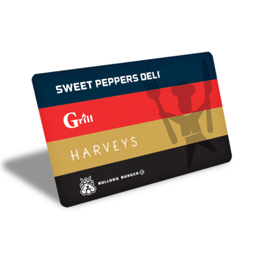 All In One E-Gift Card/ Sweet Peppers Deli, Grill, Harvey's, Bulldog Burger