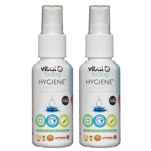 Vital Baby HYGIENE AQUAINT sanitising Water 50ml 2pk The Original Baby Safe sanitiser, 99.9% Effective Against Germs and Bacteria, and Safe for Baby Skin