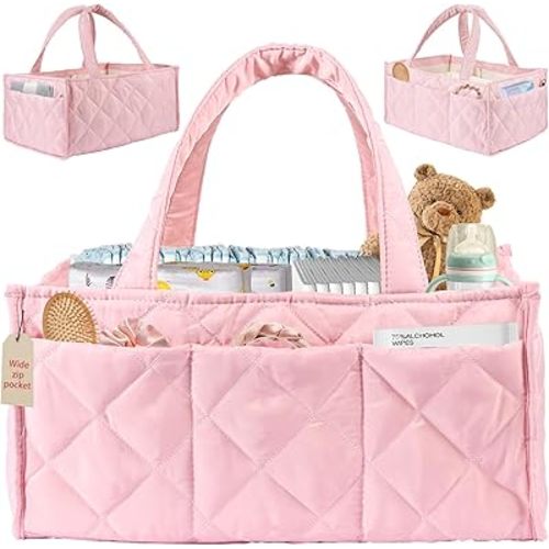 Baby Diaper Caddy Organizer, Nursery Storage Basket for Newborn Essentials, Travel Baby Basket for Diapers Baby Wipes, Organizer Tote Bag Storage Bin, Baby Shower Gifts (Pink)