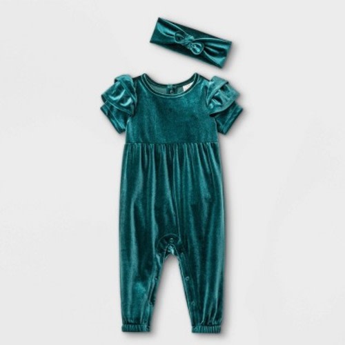Baby Girls' Velour Short Sleeve Romper - Cat & Jack™ Dark Green