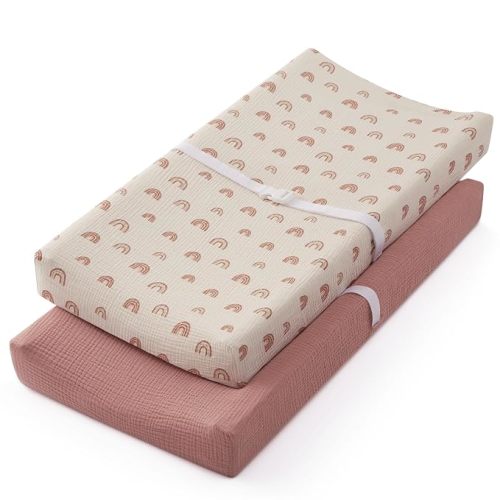Blissful Diary Muslin Changing Pad Cover for Girls Boys, Ultra Soft Breathable Cotton, Baby Diaper Change Table Pad Covers, 2Pack (Dusty Pink&Rainbow)