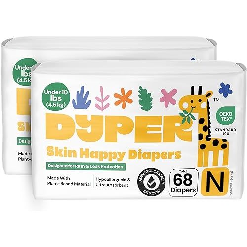 DYPER - Pack of 2 Newborn Baby Diapers (68 Count) - Leak Proof Plant Based Hypoallergenic & Ultra Absorbent Disposable Diaper for Day & Overnight Skin-Friendly Comfort | Soft Newborn Diapers (<10 lbs)