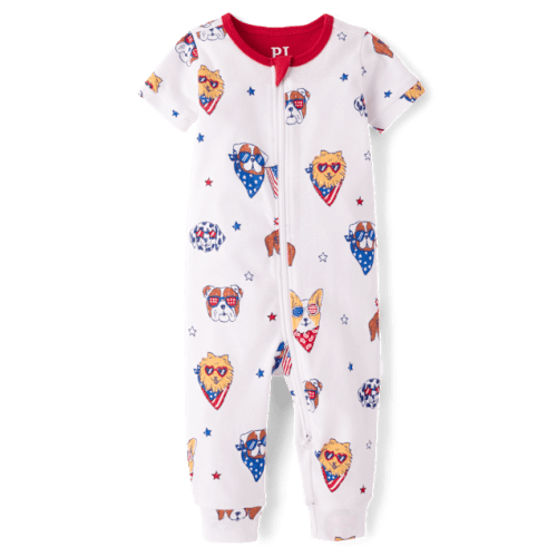 Baby And Toddler Americana Dogs Snug Fit Cotton One Piece Pajamas - White