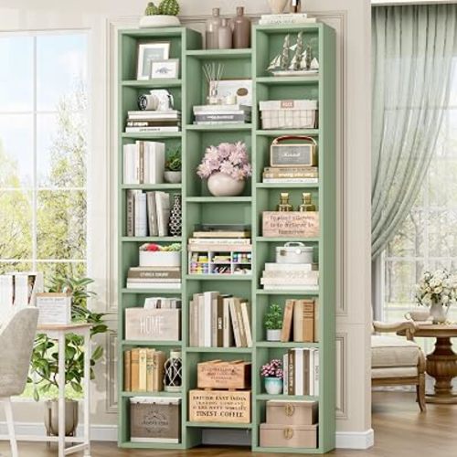 FOTOSOK 71'' H Bookshelf with 21 Cubes, Triple Wide Tall Bookshelf Green