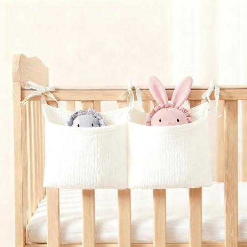 Baby Bedside Hanging Storage Bag Muslin Cotton Teddy Bear, Crib Diaper Caddy Organizer 2 Pockets, Nappy-Dormitory Nursery Organization Holder for Cribs, Playard or Wall Milk Bottle Bib Organizing
