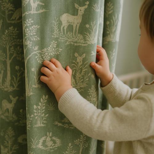 Organic Linen Blackout Curtains, Sage Woodland Print for Nursery & Kids Room, 50/100in Wide, Custom 36–180in, 4 Heading Styles