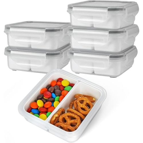 2 Compartment Small Snack Containers, 1.1 cup - 6 Pack | Mini Snack Containers for Mini Fridge, Removable Compartments, Airtight Lids, Reusable, BPA Free