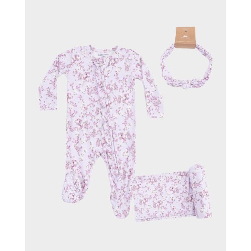 Girl's Sweet Dream Floral 2-Way Zip Footie, Headband & Blanket Set, Size Newborn-9M