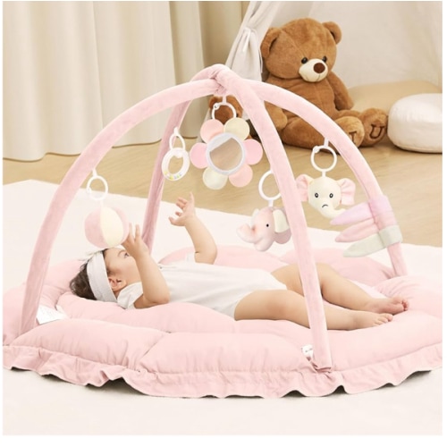 ANGELBLISS 5 in 1 Baby Play Gym Mat, Reversible Tummy Time Mat with 5 Sensory Toys for Stage-Based Developmental, Thick & Large Baby Activity Center from Newborn to Toddler (Pink)