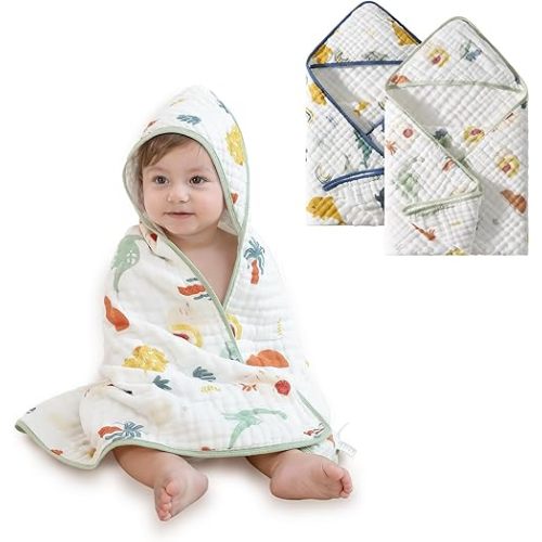 Muslin Baby Hooded Towel - 2 Pack Baby Towels, Ultra-Soft & Absorbent Bath Towel with Original Design, for Newborn & Infant (Dolphin & Dinosaur, 32" x 32")