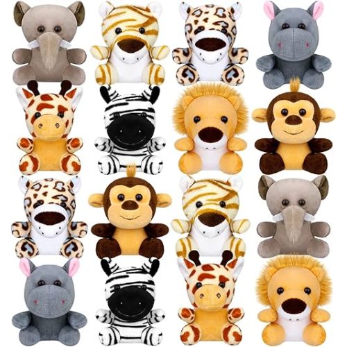 Elcoho 16 Pieces Safari Mini Stuffed Jungle Animal Set Small Stuffed Forest Animal 3.75 Inch Animal Keychain Plush Toys for Animal Themed Parties Kids Birthday(Sitting)