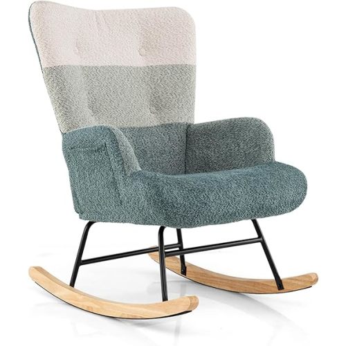Giantex Nursery Rocking Chair, Teddy Upholstered Glider Rocker Accent Chair w/Ergonomic High Backrest, Rubber Wood Legs & Side Pocket, Modern Armchair for Living Room, Bedroom, Striped Green