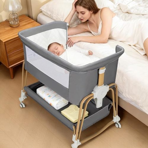 suihuooo 4-in-1 Baby Bassinet, Portable Bassinet Bedside Sleeper with Wheels and Storage Basket, 7 Height Adjustable Breathable Mesh Rocking Bassinet with Mosquito Net for Newborn-White