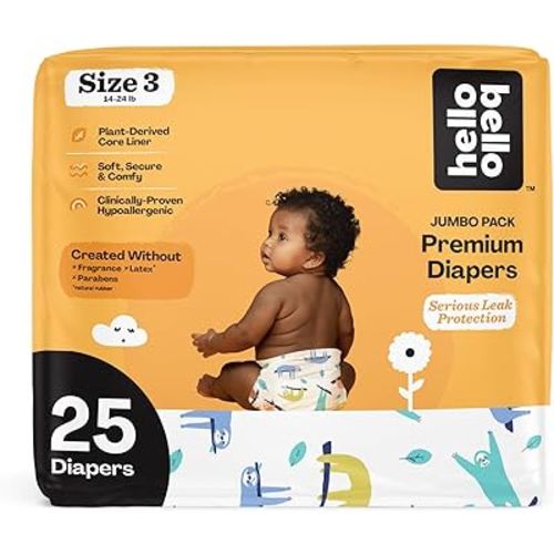 Hello Bello Premium Baby Diapers Size 3, 25 Count of Disposable, Extra-Absorbent, Hypoallergenic Baby Diapers with Snug and Comfort Fit, Sleepy Sloth