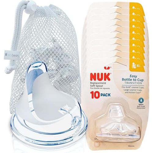 BityBean - NUK Nipple Replacement Spouts, Clear Silicone, Pack of 10 with Dishwasher Safe Mesh Bag - Fits NUK Bottle (10)