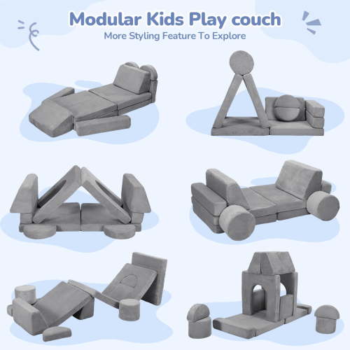 Caveen 14Pcs Kids Play Couch, Modular Foam Toddler Sofa, Gray, Floor Seating and Cushions