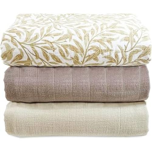 MOZAH Organic Muslin Swaddle Blankets - Brown, Beige, and Beige Leaves - 3 Pack - for Baby Boy or Girl - Ideal for Newborns, Toddlers & Registry Essentials