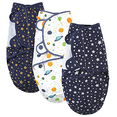 Hudson Baby Unisex Baby Quilted Cotton Swaddle Wrap 3pk, Metallic Stars, 0-3 Months