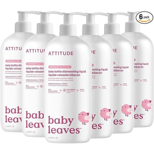 ATTITUDE Baby Bottle & Dish Soap, EWG Verified Bottle Cleaner, Fragrance Free & Dye Free, Removes Milk Residue & Grease, Vegan, Unscented, 33.8 Fl Oz (Pack of 6)
