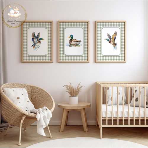 Duck Nursery Prints, Set of 3 Prints, Mallard Duck Nursery Decor, Plaid Wall Art, Duck Baby Shower Gift, Green Wall Art, Baby Boy Nursery