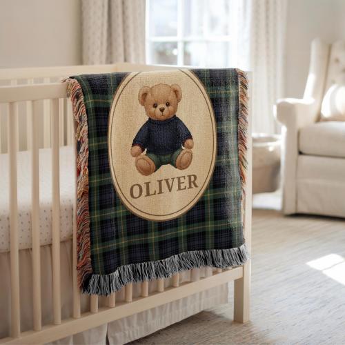 Personalized Plaid Teddy Bear Woven Baby Blanket, Baby Boy Gift, Baby Shower Gift, Custom Throw, Bear Nursery Decor