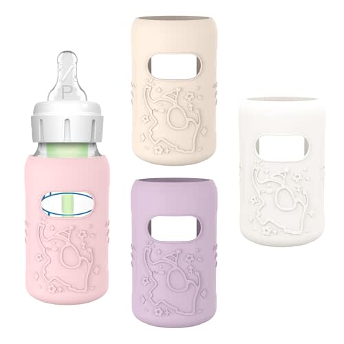 KingKam 4 Pack Silicone Sleeves for Dr. Brown's Glass Baby Bottles, Anti Breakage Baby Bottle Sleeves Holder, Compatible with Dr. Brown's Newborn Narrow Glass Baby Bottles 4oz
