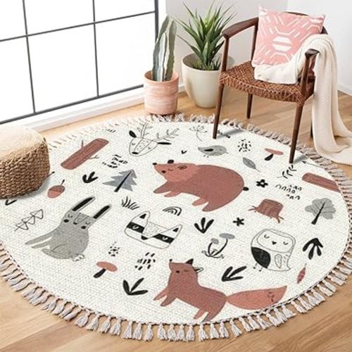 Round Boho Rug Hand Drawn Colored Childrens Set with Cute Forest Animals in Area Linen Carpet Patio Hallway Runner Mat Pad Minimalist Home Decor for Living Room Outdoor, Multi, 4 ft
