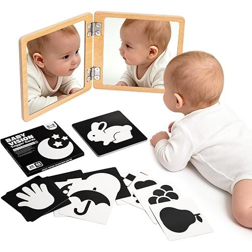 Tummy Time Mirror for Baby Montessori Baby Floor Mirror with High Contrast Black and White Cards Infant Safe Mirror Toy for Newborn
