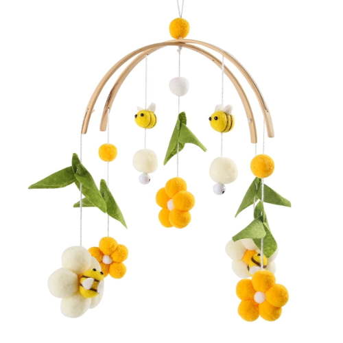 Cartoon Bee Crib Mobile for Baby, Wooden Hanging Rattle Toy with Bed Bell, Nursery Room Decor Toddler Photography Prop Gift