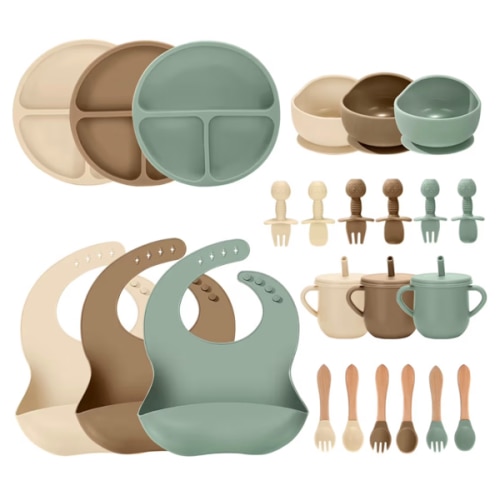 Amazon.com: JELLDJK 24 PCS Silicone Baby Feeding Set, Baby Led Weaning Supplies Includes Suction Bowls and Divided Plates, Adjustable Silicone Bib, Spoons&forks, Training cup with straw (Green+Brown+Beige)
