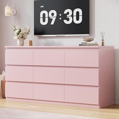 Jocoevol Modern Pink 9 Drawer Dresser for Bedroom, Simply Chest of Drawers, Wood Storage Dresser with Deep Drawers for Living Room Hallway Entryway (Pink)