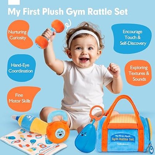 hahaland Baby Toys 6-12 Months - Baby Toys 3-6 Months Montessori Toy for 6 Month Old, Sensory Toy for Babies Workout Weights Dumbbell Toy Set with Soft Rattles Mirror, Babies Girl Boy Gifts