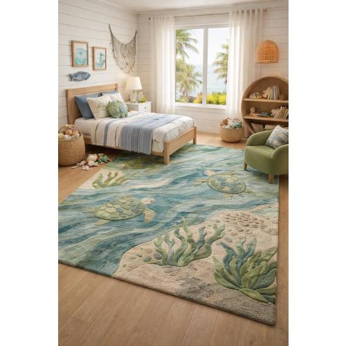 Handmade Sea Turtle Tufted Rug, Ocean Coastal Nursery Decor