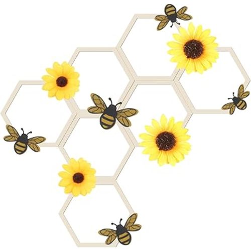 Yousoontic 26 Pcs Honeycomb Decorations Include 7.9'' Wooden Hexagon 3D Bee Wall Decor Sunflower Decor Honeycomb Beehive Sign for Baby Shower DIY Honeybee Party (Wood Color)