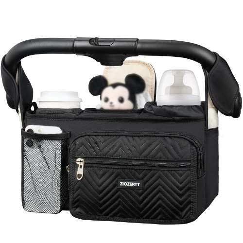 Universal Stroller Organizer with Insulated Cup Holders,Large Capacity Non-Slip Stroller Caddy Bag Fits for Uppababy/Doona/Jogger/Britax/Mompush/BoB with Anti-Sag Hard Bottom and Wet Wipes Pocket