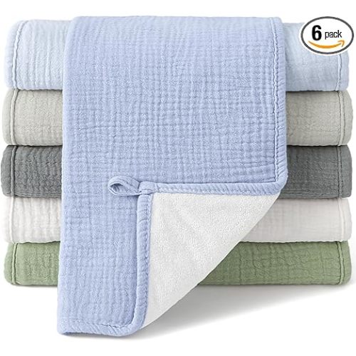 Bearmoss 100% Cotton Muslin Burp Cloths Sets 6 Pack 20x10inch Large Burping Clothes Extra Soft Absorbent for Newborn Unisex Baby Girls and Boys (Summer)