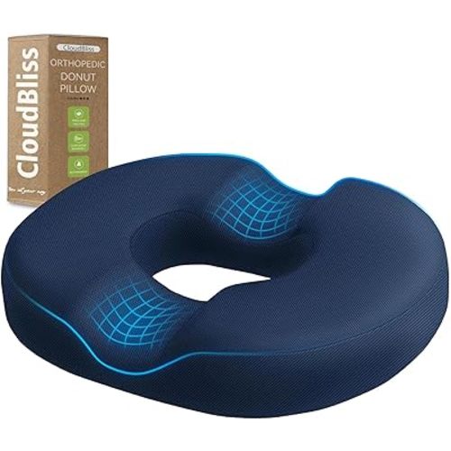 CloudBliss Donut Pillow Seat Cushion for Tailbone Pain Relief and Hemorrhoids, Memory Foam Chair Cushion for Postpartum Pregnancy, Seat Cushions for Men and Women for Home & Office, (Blue)