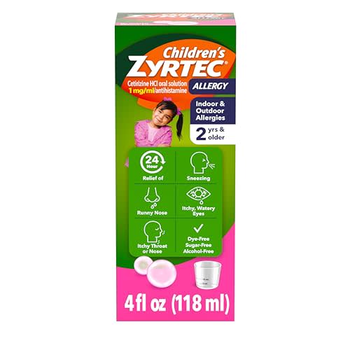 Children's Zyrtec Allergy Relief Syrup Cetirizine HCl, Bubble Gum, 4 fl. oz | 24-Hour Allergy Relief, Kids' Antihistamine Liquid, Dye-, Sugar- & Alcohol-Free, For Indoor & Outdoor Allergies, Ages 2+