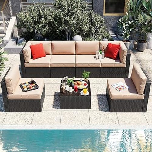 Vongrasig 7 Pieces Patio Furniture Sets, Outdoor Patio Conversation Set PE Rattan Wicker Sectional Sofa Couch with Glass Coffee Table for Garden, Poolside, Backyard, Beige