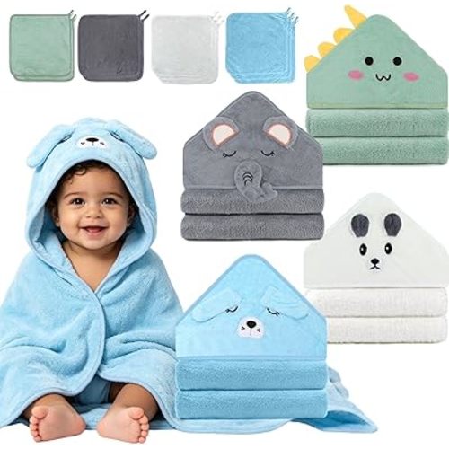 14PCS Baby Bath Towels Set, 4PCS Animal Hooded Baby Towels(31.5''x31.5'') & 10PCS Washcloths for Newborn, Toddler, Soft and Absorbent Coral Fleece, Essential Gifts for Boys & Girls