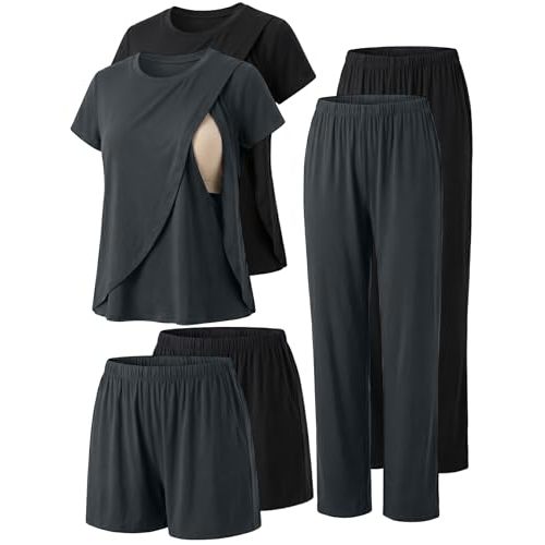 Winvote 6 PCS Maternity Pajamas Nursing 2 Set Postpartum Breastfeeding Short Sleeve Shirts, Pregnancy Shorts & Pants