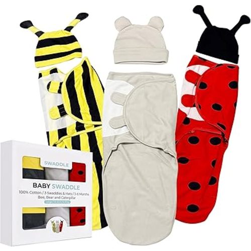 Luxor Baby Swaddle Sack Set - 3 Pack Cotton Sleeping Bags for Infants 3-6 Months | Cute Bee, Bear & Ladybug Print | Breathable, Adjustable, Easy Velcro Wrap for Newborns