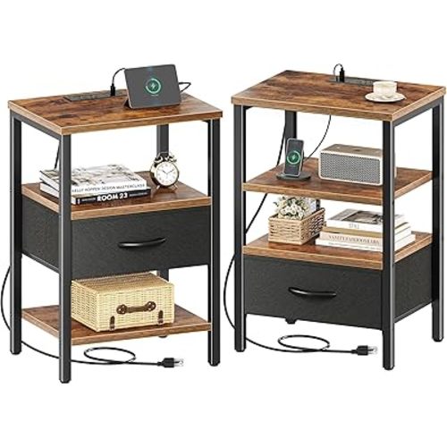 SUPERJARE Nightstand Set of 2, Bed Side Tables with Charging Station, Adjustable Fabric Drawer, Night Stand for Bedroom, 3-Tier Storage End Tables, for Living Room, Rustic Brown and Black