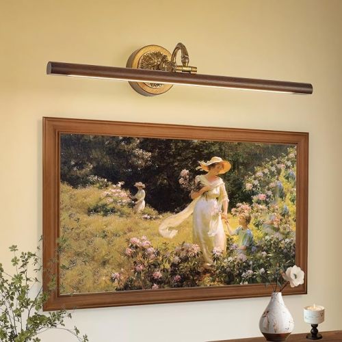 VitaLink Picture Lights for Wall, Remote Control Hardwired Artwork Picture Lighs 27.5” Long Retro Gold Wall Paintings Display Lighting Swing Arms Wooden Wall Lamp Bathroom Vanity Light Dimmable