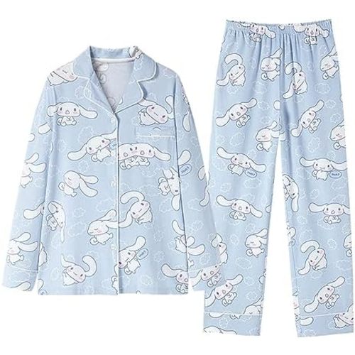 Kawaii Cartoon Pajamas for Women Girls Long Sleeve Shirt with Pj Pants Sleepwear Home Wear 2 Piece Pajama Sets