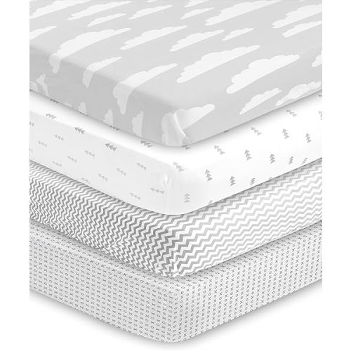 BaeBae Goods Premium Crib Sheets for Baby Boys and Girls, 4 Pack, Soft and Breathable Jersey Knit Fitted Sheet Set, Grey and White, Cute Gender Neutral Nursery Mattress Bedding, Universal Fit