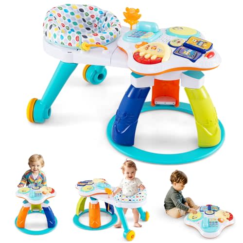 BABY JOY 3 in 1 Walk Around Baby Activity Center, Discovery Play Center with Interactive Toys & Wheels, 3 Adjustable Seat Heights, Toddler Activity Table for Boys Girls 6-36 Months (White)